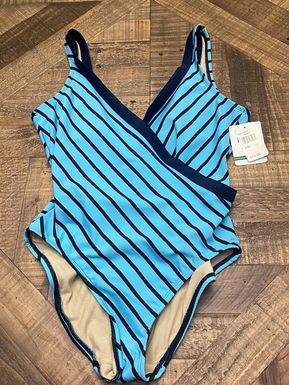 Izod Light Blue Striped One-Piece Swimsuit with Navy Trim